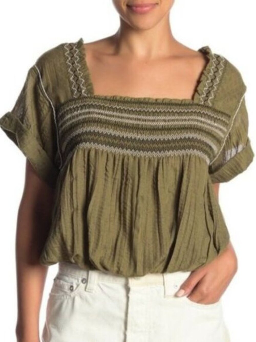 Free People Wandering Skies Blouse Smocked Moss Green L